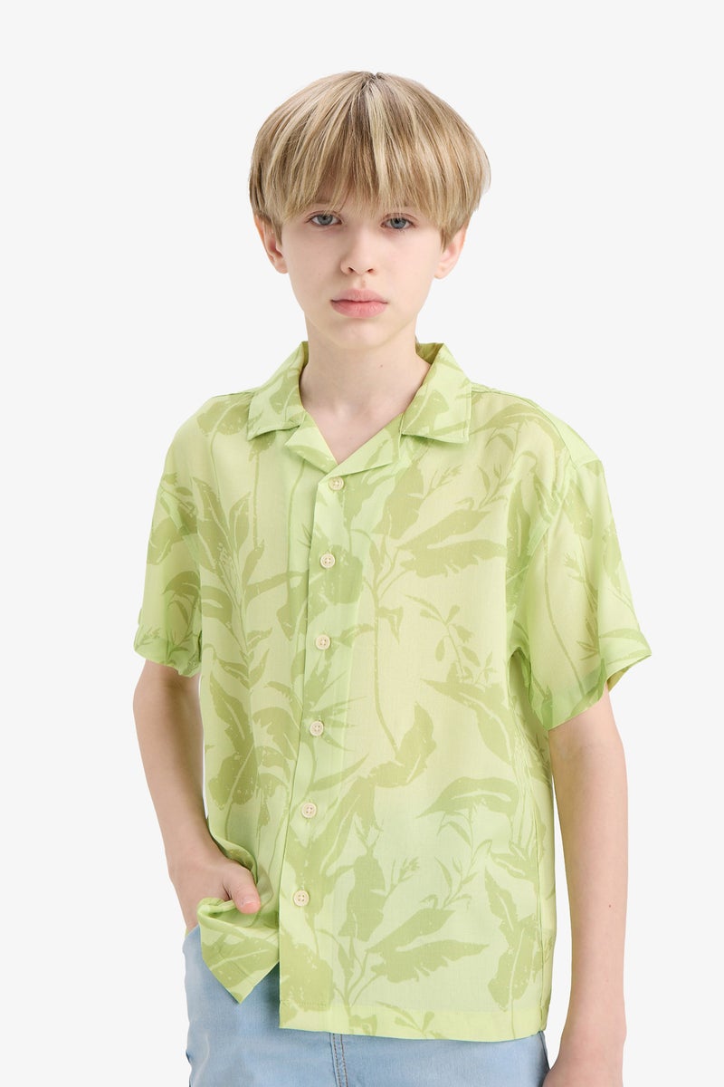 DeFacto Green Boy Boy Oversize Polo Neck Floral Viscose Shirt Casual - Image 4